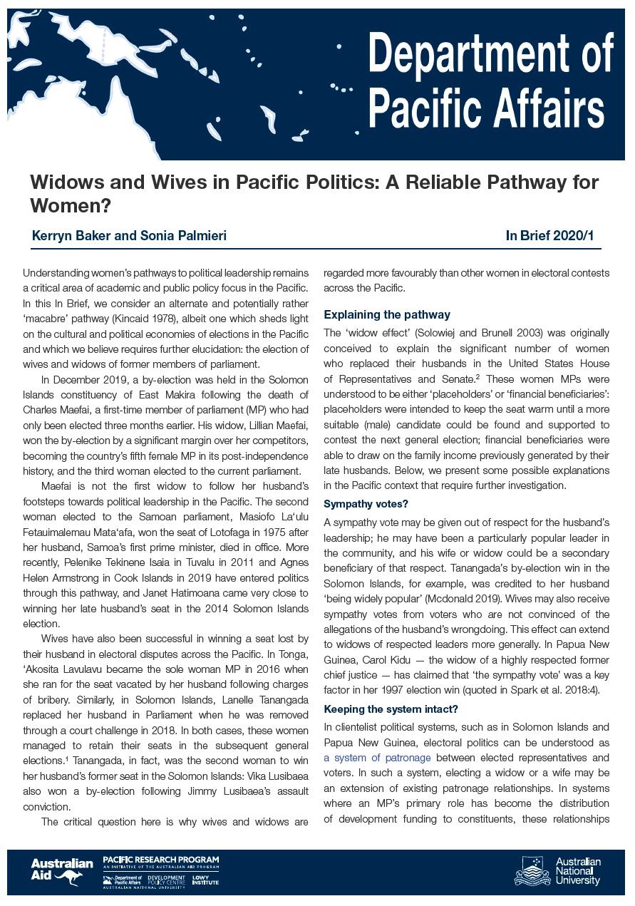 Widows and Wives in Pacific Politics: A Reliable Pathway for Women?