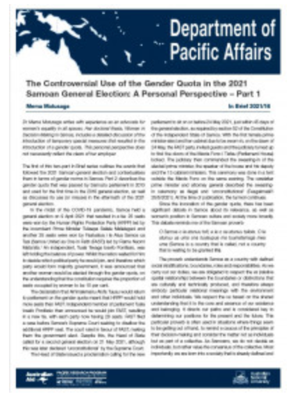 The Controversial Use of the Gender Quota in the 2021 Samoan General Election: A Personal Perspective – Part 1